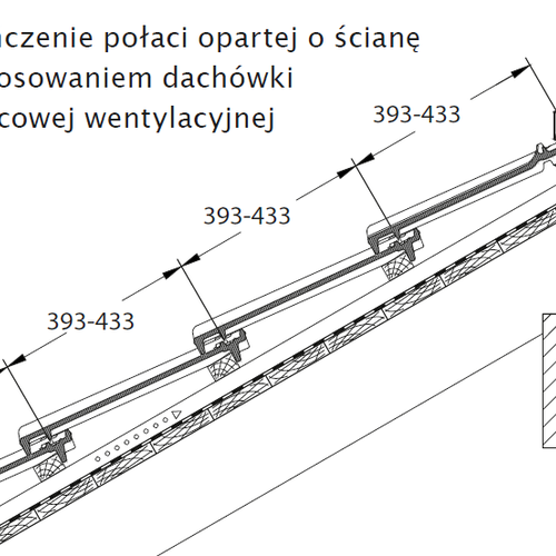 Technický výkres - Dokončenie plochy opierajúcej sa o stenu pomocou podhrebeňovej vetracej škridly