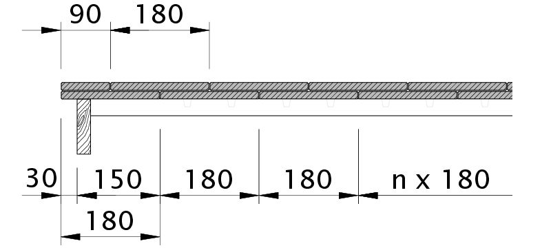 Zeichnung KLASSIK Ortgangziegel links mit Ortgangbrett und 1 1/2 Biber OBL112