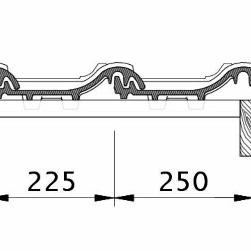 Technický výkres škridly PREMION OG krajná pravá škridľa s plechom a škridľa s dvojitou vlnou OFR