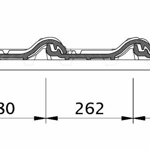 Technický výkres škridly TITANIA OG  krajná ľavá škridľa s plechom a škridľa s dvojitou vlnou ODL